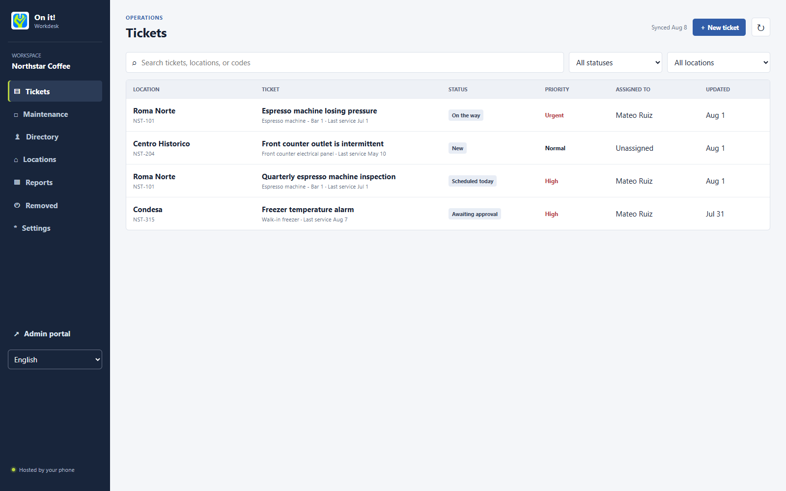 Desktop ticket dashboard listing several locations, statuses, priorities, and assignees.